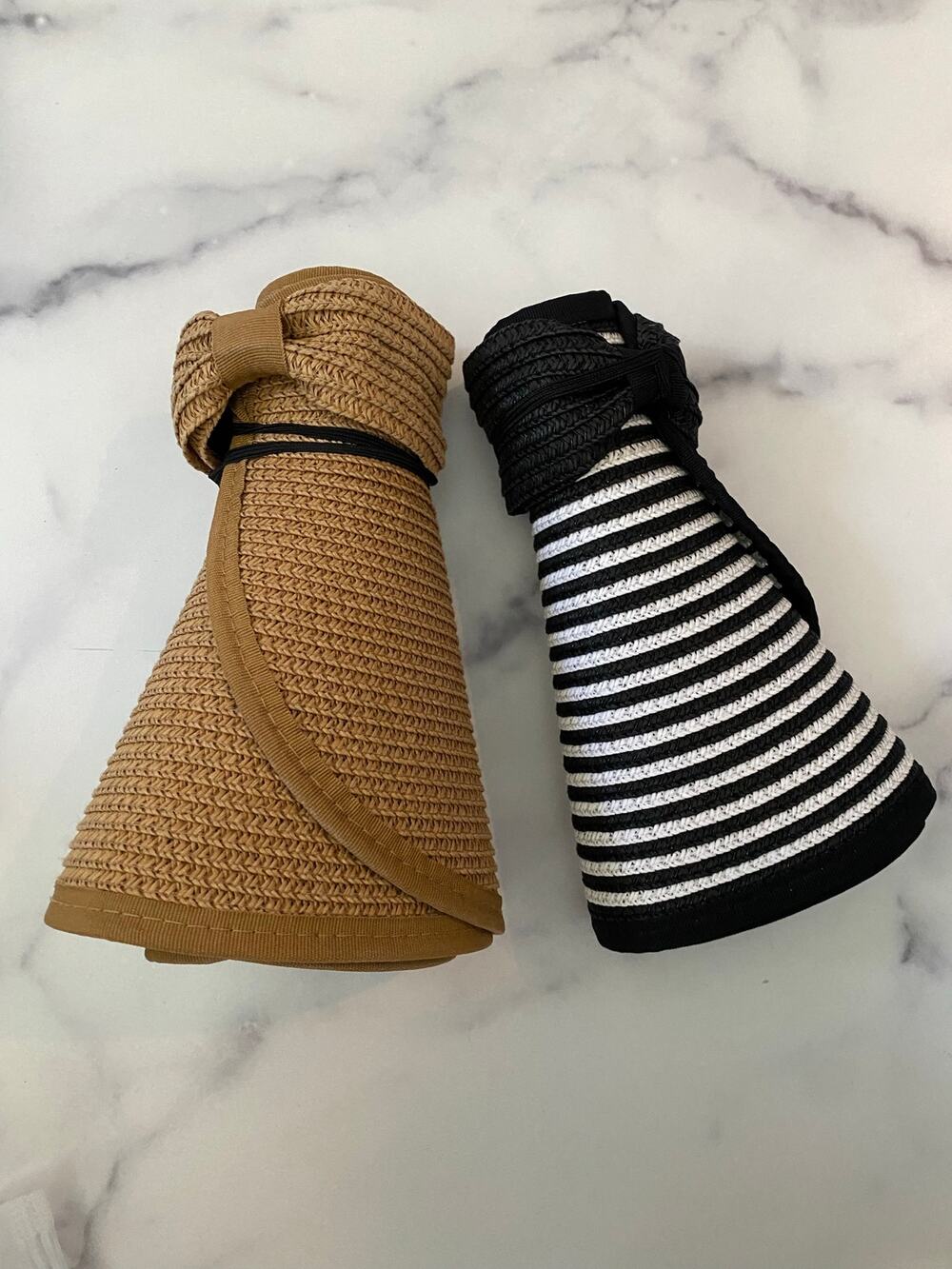 Tan and Black and White Striped Set of 2 Topless Sun Hats